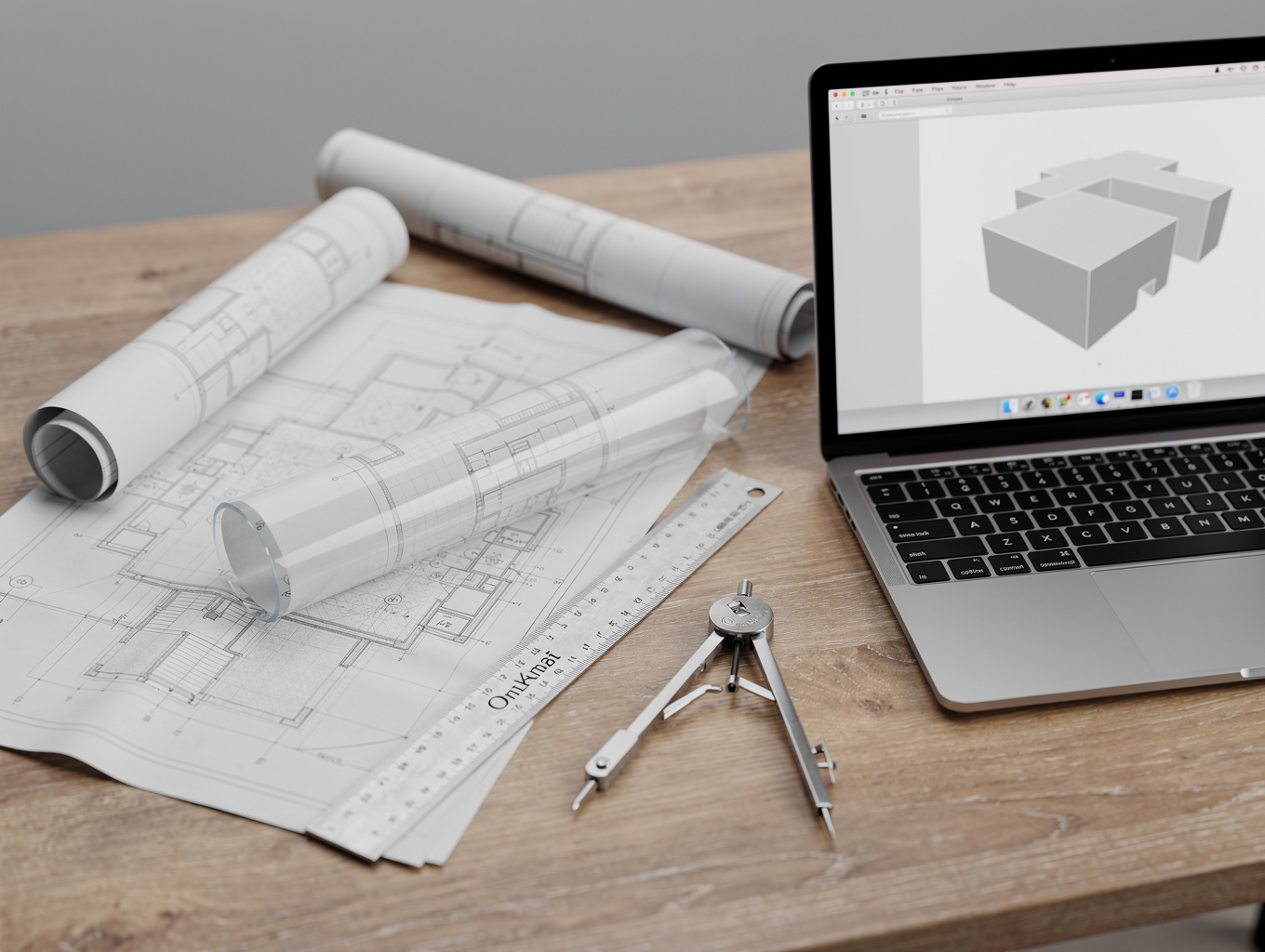 Architectural blueprints and planning tools on a desk