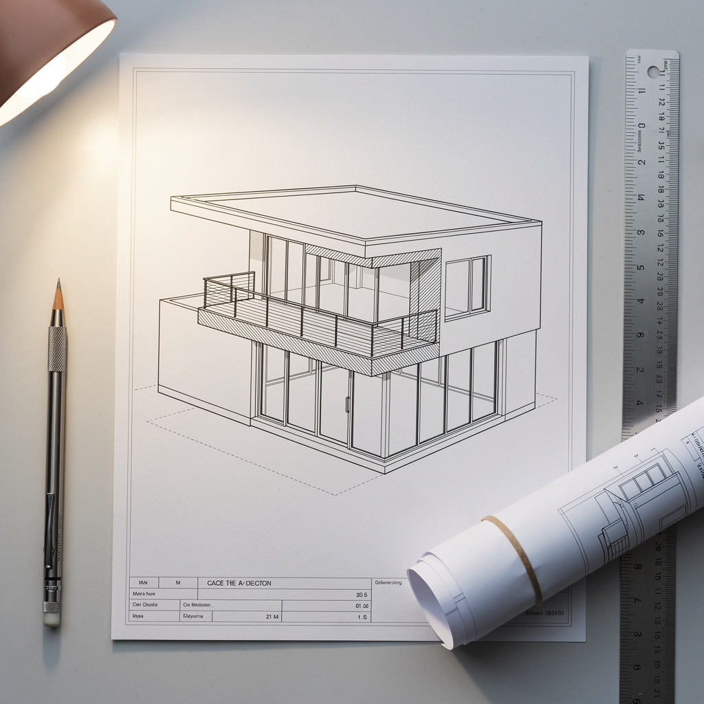 Hand-drawn architectural sketch of a modern house