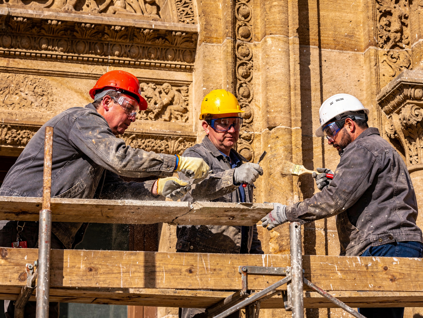 Skilled workers performing restoration on a classic building facade